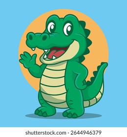 Cartoon Illustration of a Friendly Crocodile Waving
