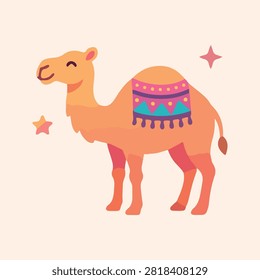 Cartoon illustration of a friendly desert camel wearing an ornate traditional saddle blanket.