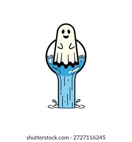 Una ilustración de dibujos animados de una figura fantasma amigable que se cierne sobre una cascada, con un diseño simple y juguetón sobre un fondo blanco.