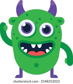 Cartoon illustration of a friendly green monster with purple horns and big eyes waving and smiling, ideal for children s products or playful designs