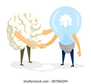 Cartoon illustration of friendly handshake between brain and idea