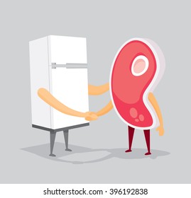 Cartoon illustration of friendly handshake between fridge and meat