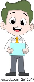 Cartoon illustration of a friendly male administrative worker at the front desk, smiling while holding documents