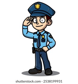 A cartoon illustration of a friendly police officer in uniform giving a salute. Perfect for themes related to law enforcement, public service, respect, and community engagement.