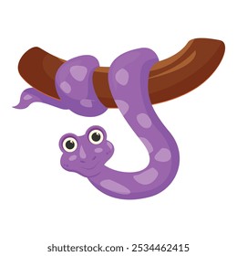 Cartoon illustration of a friendly purple snake hanging on a branch, smiling and looking forward