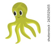 Cartoon illustration of a friendly smiling green octopus with long tentacles isolated on a white background