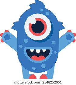 Ilustración de dibujos animados de un monstruo azul amigable, sonriente y de un ojo que agita, perfecto para libros infantiles, juegos o cualquier proyecto que necesite un toque de fantasía