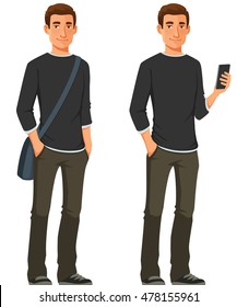 cartoon illustration of a friendly young man in casual outfit. Handsome student using a cell phone.