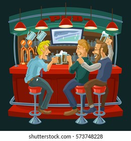 Cartoon illustration of friends drinking beer in a bar