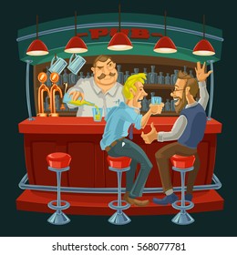 Cartoon illustration of friends drinking whiskey in the bar