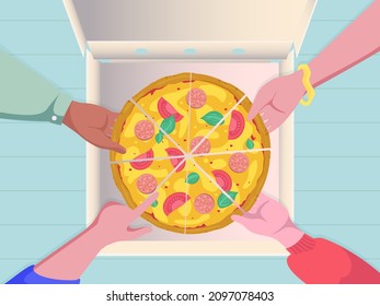 Cartoon illustration of friends sharing pizza slices. Hungry people eat meal together, take pepperoni by hand. Party. Colorful vector fast food lunch in box. Top view.