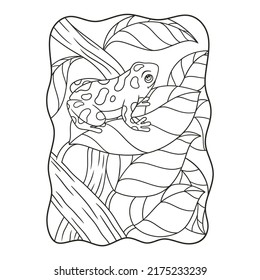 Cartoon-Illustration der Frosch ist auf einem Blatt eines grünen Baumes und hoch in der Mitte des Waldes und schaut hoch, um sein Bierbuch oder Seite für Kinder schwarz-weiß zu fangen