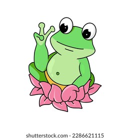 a cartoon illustration of a frog on a lotus flower with a white background, suitable for screen printing t-shirts, mugs and so on