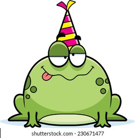 A cartoon illustration of a frog with a party hat looking drunk.