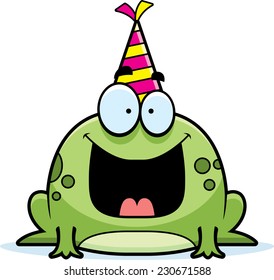 A cartoon illustration of a frog with a party hat looking happy.