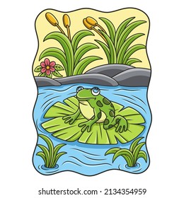 cartoon illustration a frog sitting on a lotus flower in the middle of a river waiting for its prey to approach