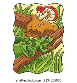 cartoon illustration a frog sitting on a big tree trunk which is very humid with mud and fungus nearby