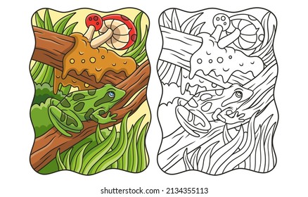 cartoon illustration a frog sitting on a big tree trunk which is very humid with mud and fungus nearby book or page for kids
