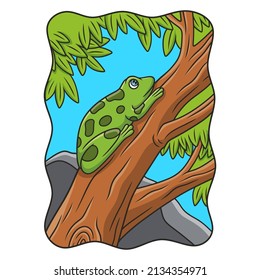 cartoon illustration a frog that is climbing a big tree in a crouched position aiming for its prey