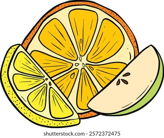 Cartoon Illustration Fruit Slice Orange Apple Lime or Lemon Vector