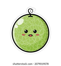 Cartoon illustration of fruits with funny happy smiley facial expressions. Flat vector design suitable for promotional support icons, mascots, or stickers. Cute ripe green melon fruit character.