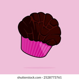 Ilustración de dibujos animados de fudge chocolate negro brownie cupcake puffs en taza rosa. se puede utilizar para el menú, cubierta, café, restaurante, libro de cocina, anuncios, impresión, cartel, Sitio web