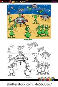 Cartoon Illustration of Funny Alien Characters Coloring Book Activity