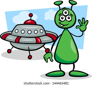 Cartoon Illustration of Funny Alien or Martian Comic Character with Ufo or Spaceship