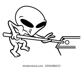 Cartoon illustration of Funny Alien playing billiards at night club. Best for outline, logo, and coloring book with extraterrestrial comedy themes