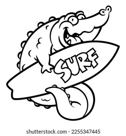 Cartoon illustration of Funny Alligator posing with surfboard. Best for outline, logo, and coloring book with summer vacation themes