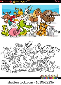 Cartoon Illustration of Funny Animal Characters Group Coloring Book Page