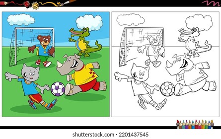 Cartoon illustration of funny animal characters group playing soccer coloring page