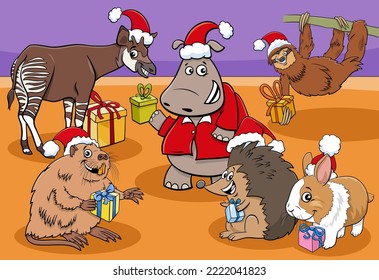 Cartoon illustration of funny animal characters group with gifts on Christmas time