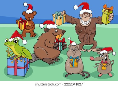 Cartoon illustration of funny animal characters group with presents on Christmas time