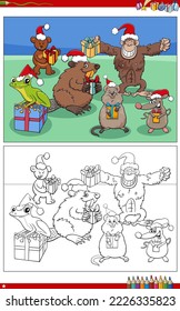 Cartoon illustration of funny animal characters with Christmas presents coloring page