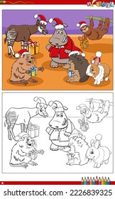 Cartoon illustration of funny animal characters with Christmas gifts coloring page