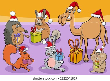Cartoon illustration of funny animal comic characters group with Christmas presents