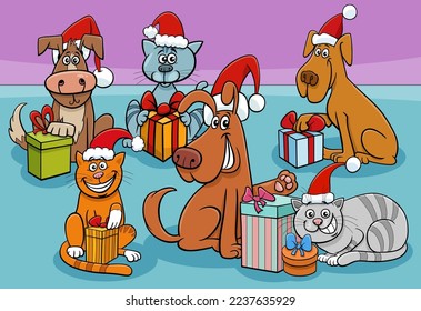 Cartoon illustration of funny animal comic characters group with Christmas gifts