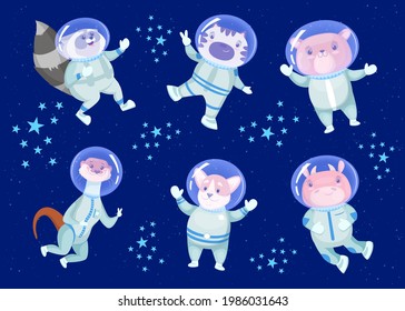 cartoon illustration of funny animals in space in zero gravity