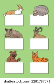 Cartoon illustration of funny animals with white cards or banners design set