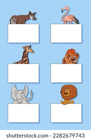 Cartoon illustration of funny animals with white cards or banners design set