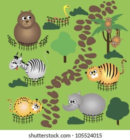 cartoon illustration with funny animals in zoo