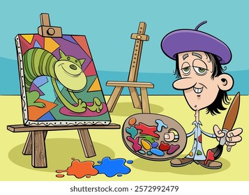 Cartoon illustration of funny artist painter character in his studio