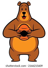 Cartoon illustration of Funny Bear holding a beehive, best for sticker, mascot, logo, and decoration with wildlife themes for kids