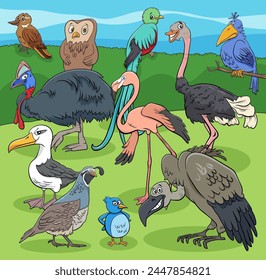 Cartoon illustration of funny birds animal comic characters group