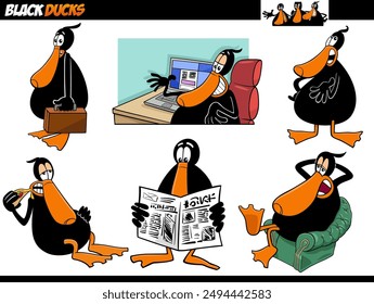 Cartoon illustration of funny black duck animal characters set