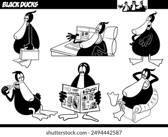 Cartoon illustration of funny black duck animal characters set coloring page