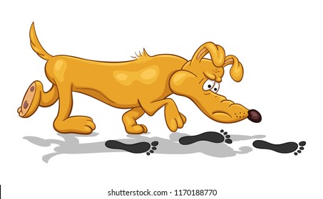 Cartoon illustration of a funny bloodhound dog with fixed look searching footprints