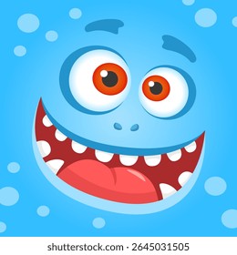 Cartoon illustration of a funny blue monster face smiling, showing big mouth with tongue and googly eyes, on a blue dotted background, ideal for children projects