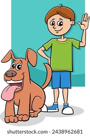 Cartoon illustration of funny boy character with his pet dog